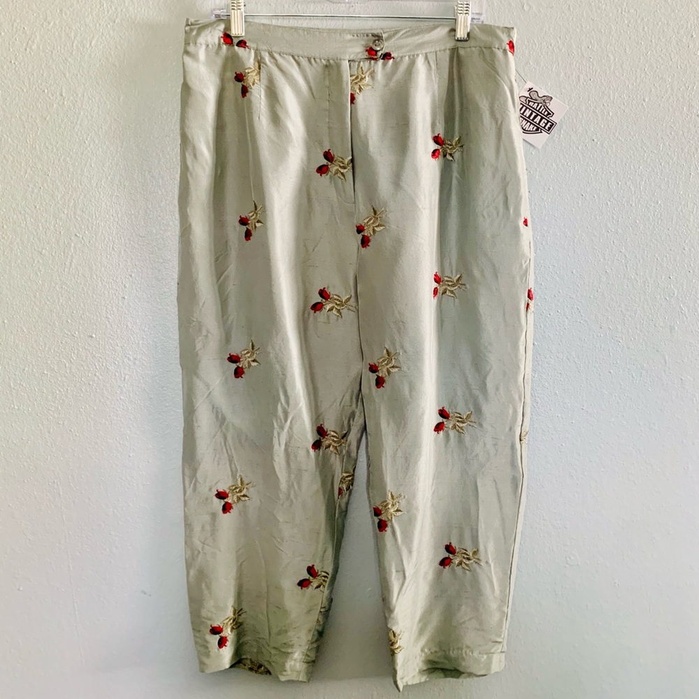 100% silk rose embroidered pants